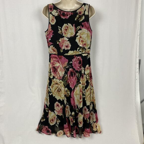 VTG Talbots Petites Pure Silk Dress 10P Black Dark Floral Sheath Whimsigoth 90S - Picture 5 of 13